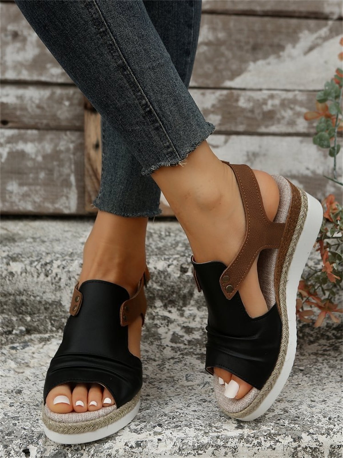 T-Space Women's Stylish Espadrilles Wedge Sandal Open Toe Ankle Buckle Strap Shoes,Comfy Wedge Shoes Brown