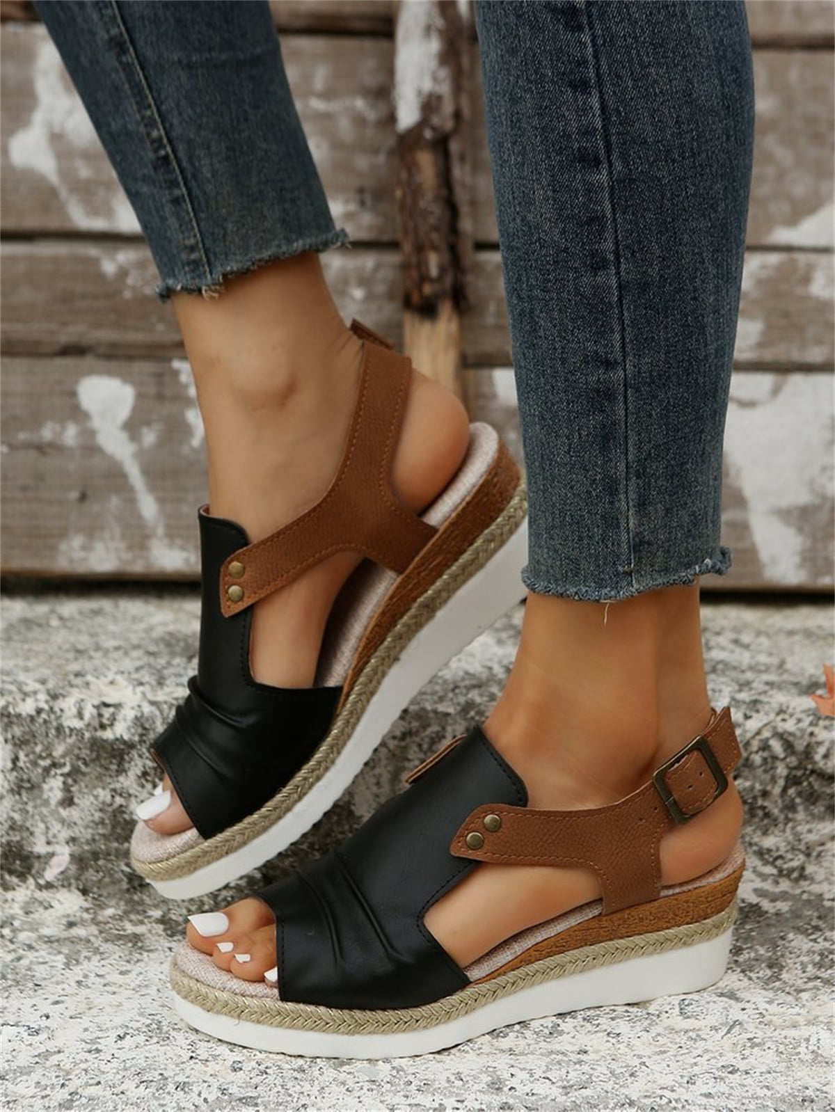 T-Space Women's Stylish Espadrilles Wedge Sandal Open Toe Ankle Buckle Strap Shoes,Comfy Wedge Shoes Brown