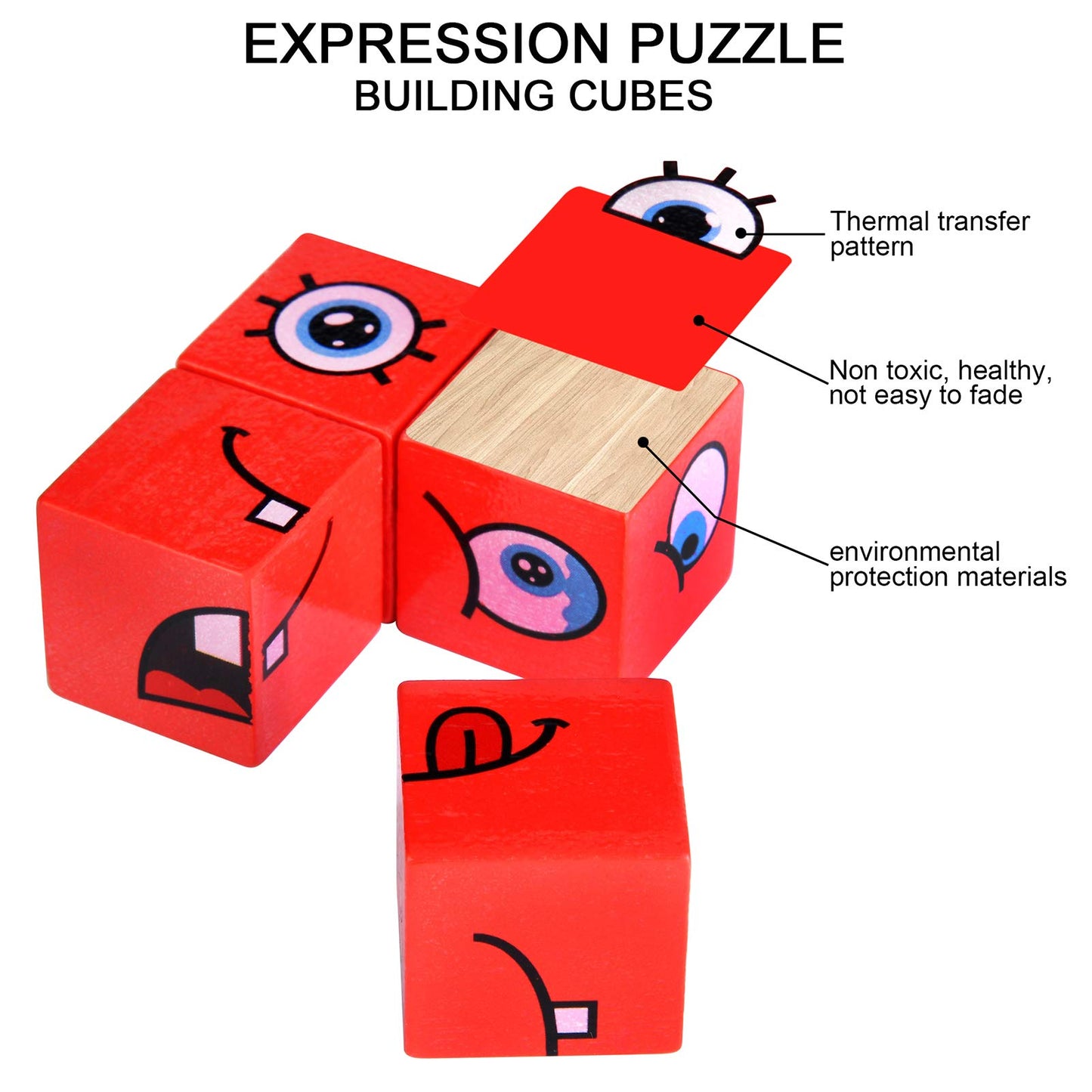 Wooden Expressions Matching Block Puzzle Educational Games Montessori Toy for Kids Preschool Ages 3 Years and Up,Face-Changing Cube Building Blocks