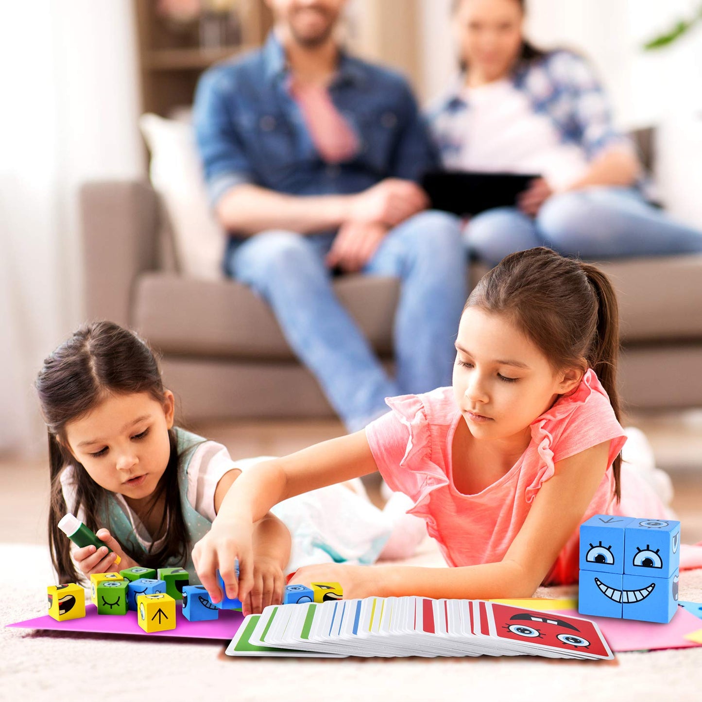 Wooden Expressions Matching Block Puzzle Educational Games Montessori STEM Toy for Kids Preschool Ages 3 Years and Up,Face-Changing Cube Building Blocks