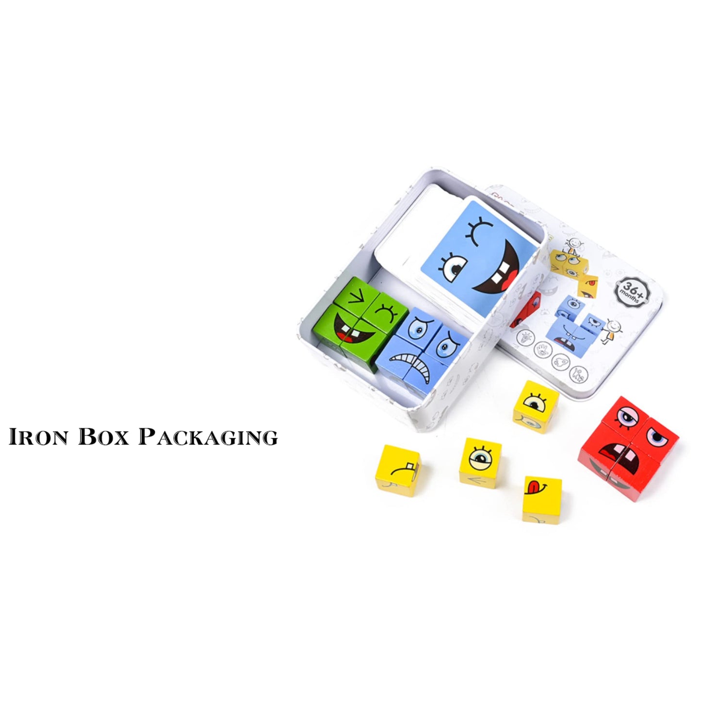 Wooden Expressions Matching Block Puzzle Educational Games Montessori Toy for Kids Preschool Ages 3 Years and Up,Face-Changing Cube Building Blocks