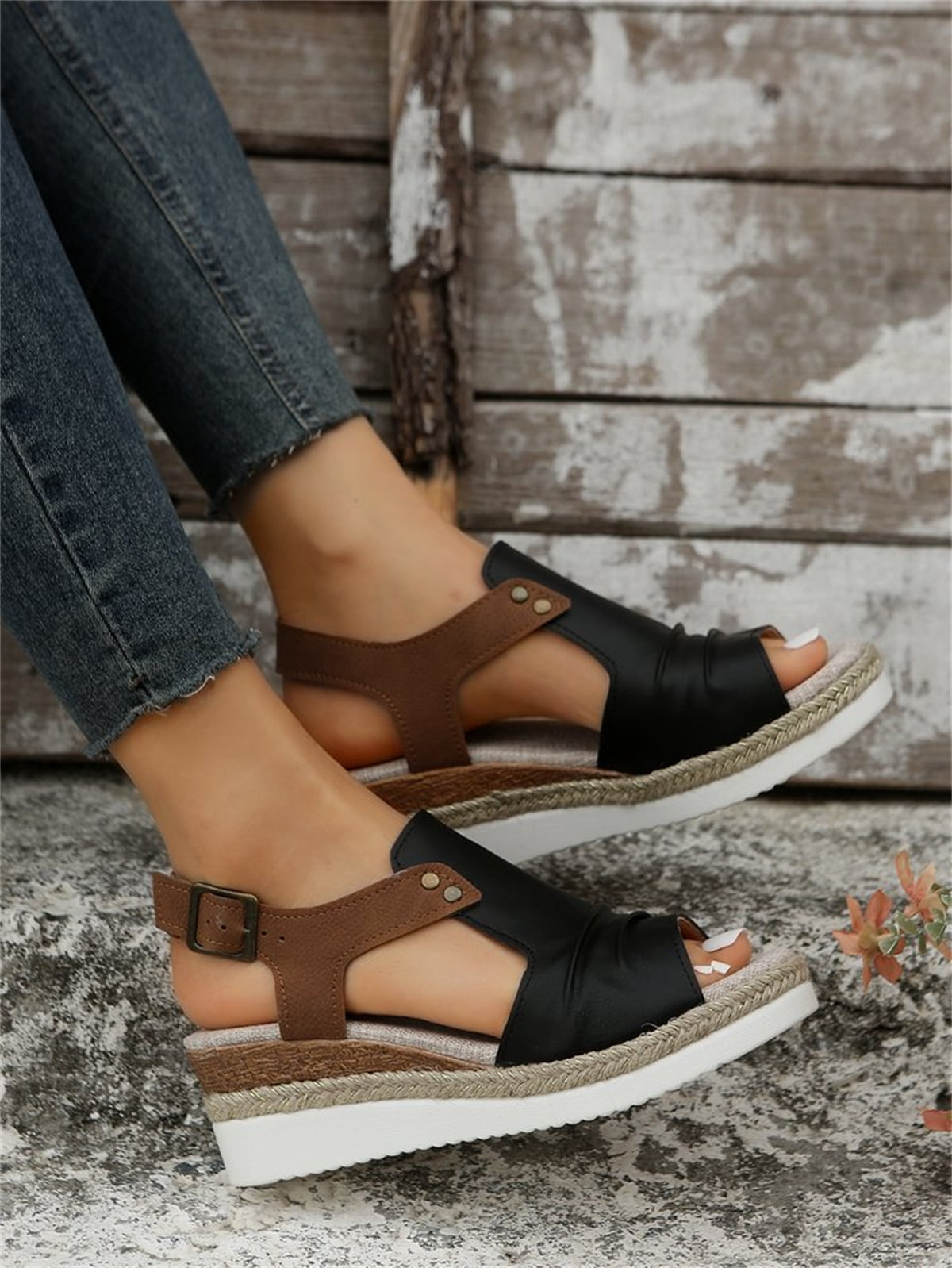 T-Space Women's Stylish Espadrilles Wedge Sandal Open Toe Ankle Buckle Strap Shoes,Comfy Wedge Shoes Brown