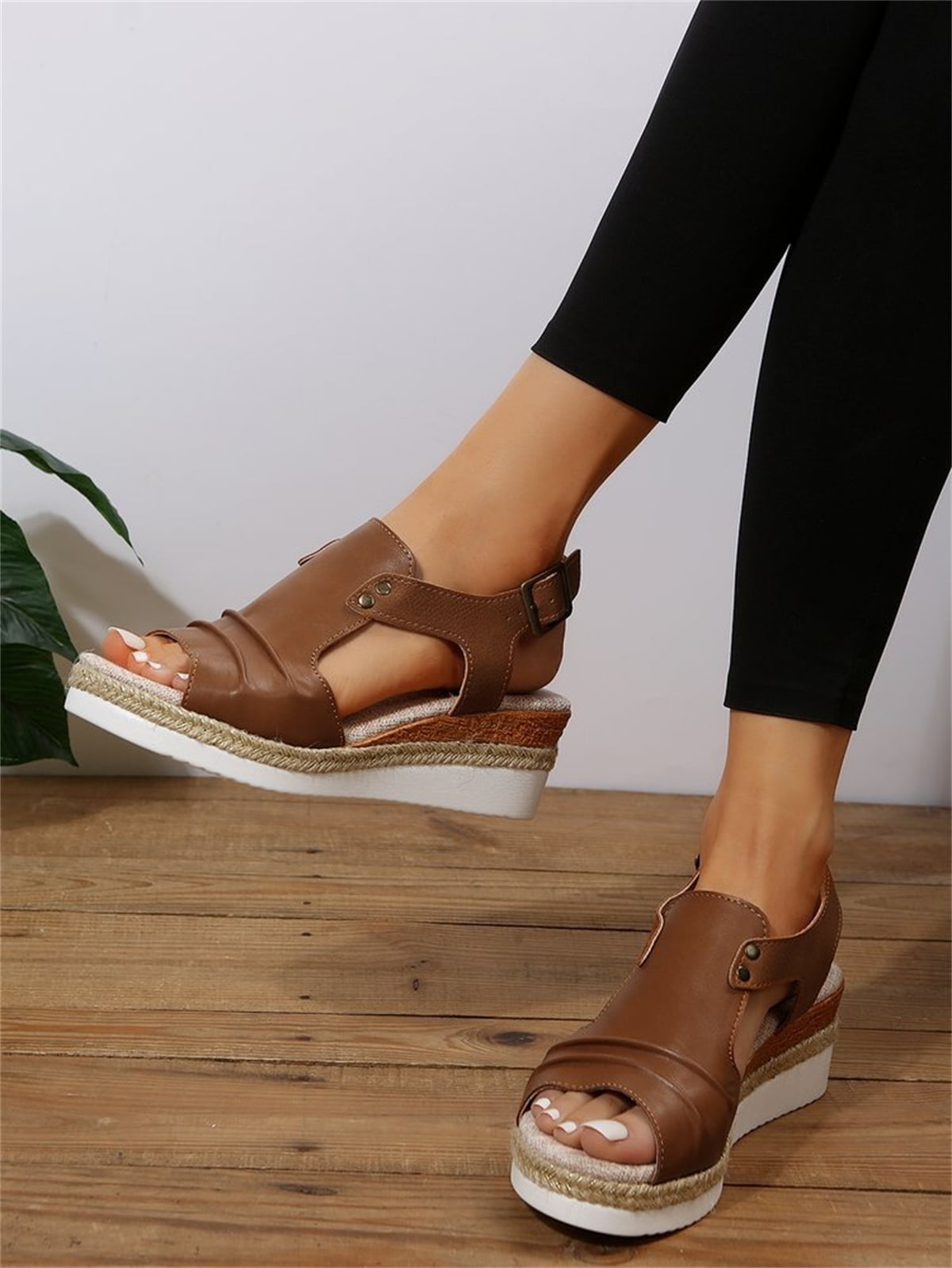 T-Space Women's Stylish Espadrilles Wedge Sandal Open Toe Ankle Buckle Strap Shoes,Comfy Wedge Shoes Brown