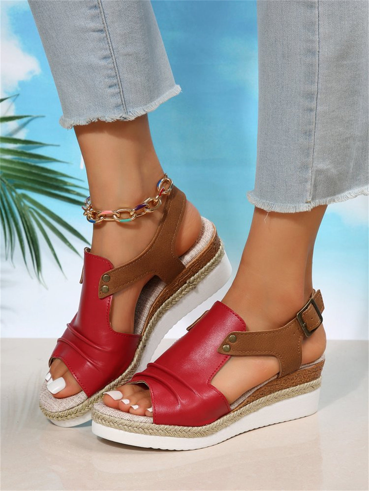 T-Space Women's Stylish Espadrilles Wedge Sandal Open Toe Ankle Buckle Strap Shoes,Comfy Wedge Shoes Brown