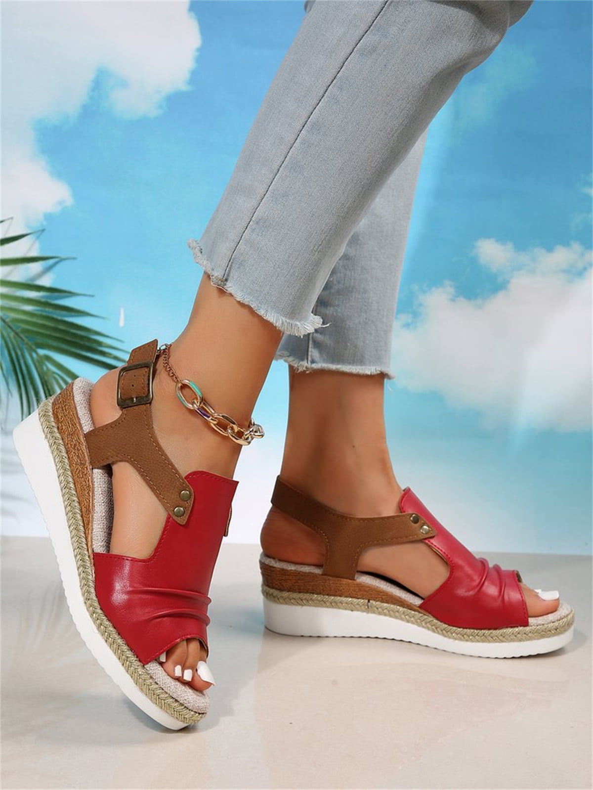 T-Space Women's Stylish Espadrilles Wedge Sandal Open Toe Ankle Buckle Strap Shoes,Comfy Wedge Shoes Brown