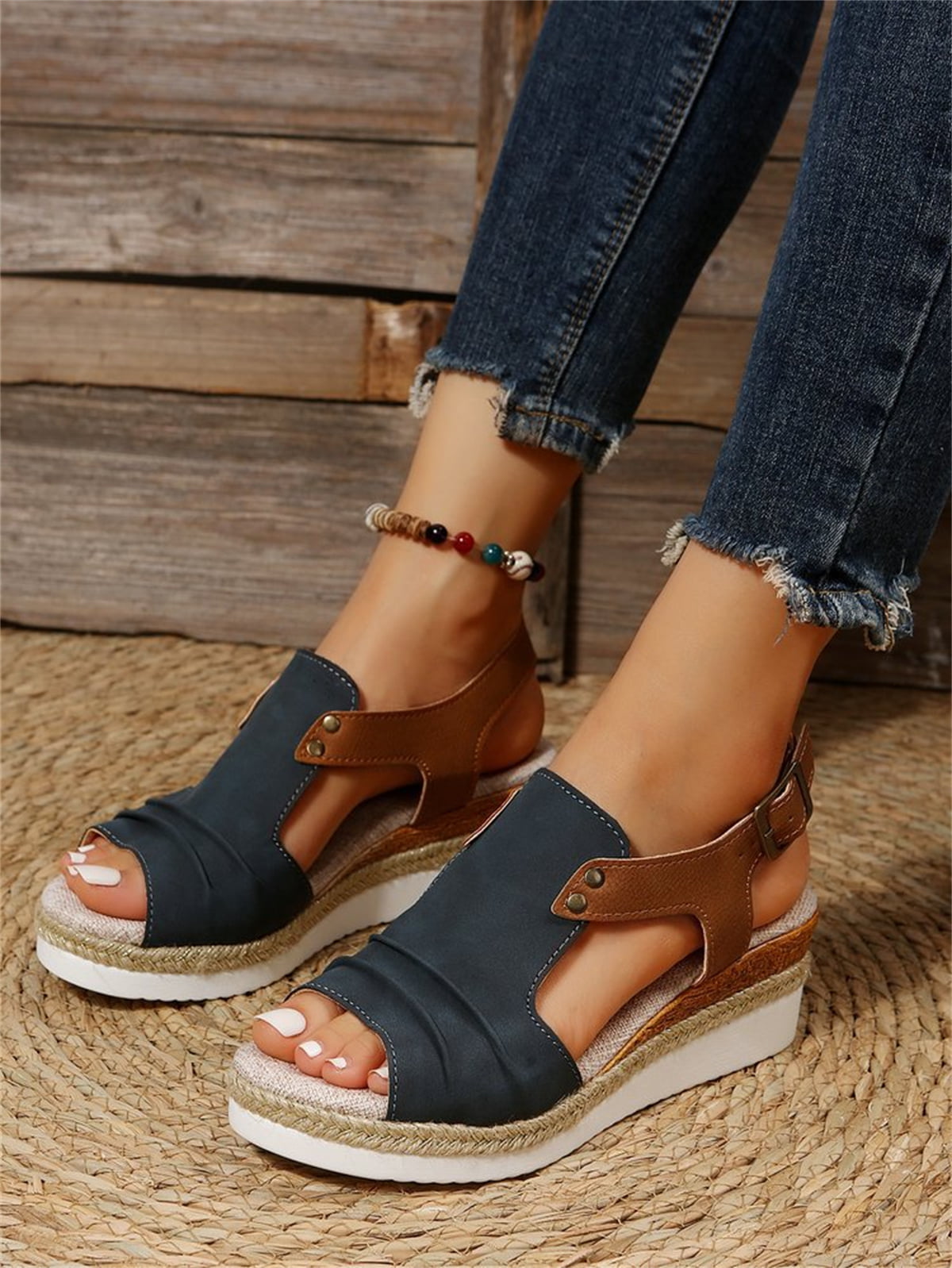 T-Space Women's Stylish Espadrilles Wedge Sandal Open Toe Ankle Buckle Strap Shoes,Comfy Wedge Shoes Brown