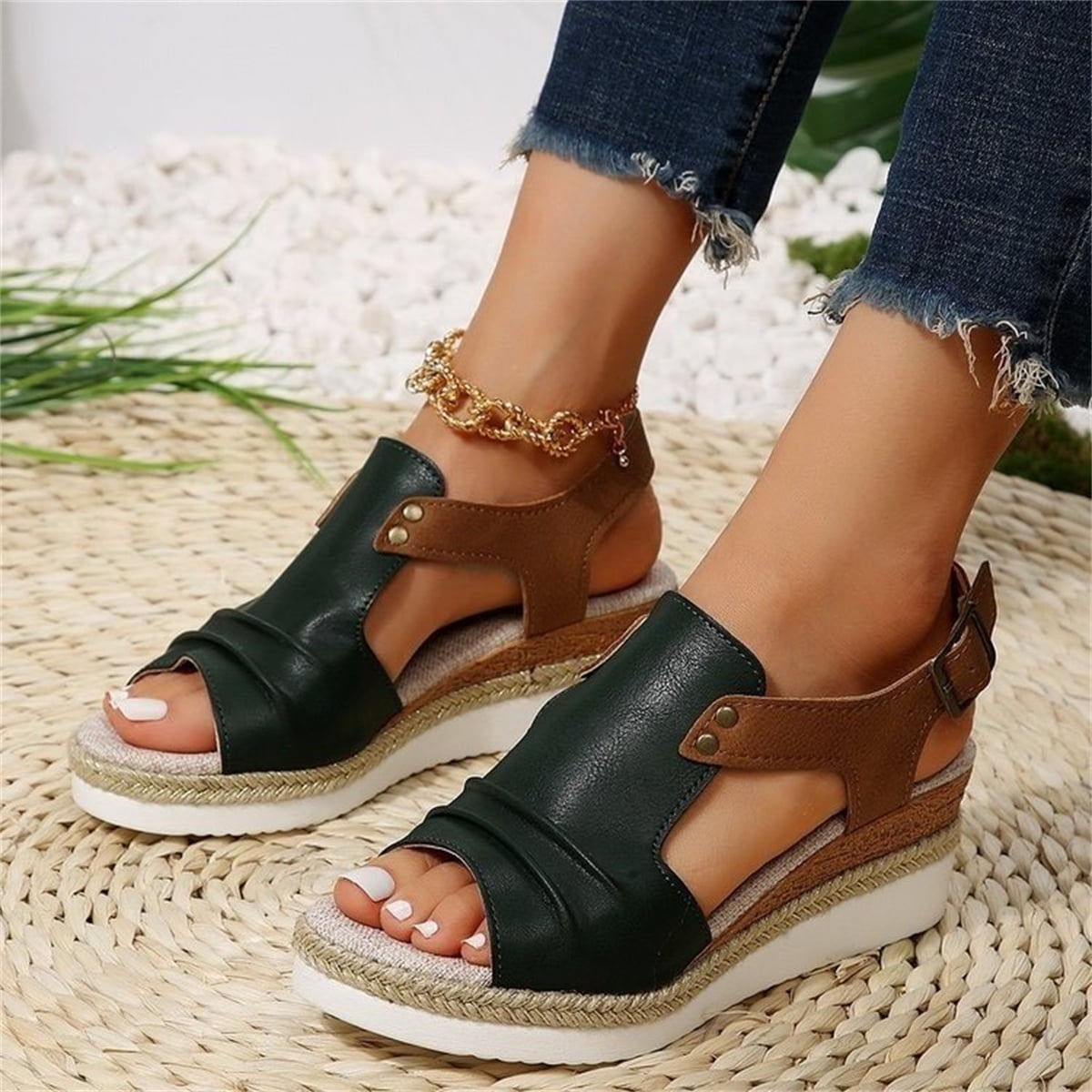T-Space Women's Stylish Espadrilles Wedge Sandal Open Toe Ankle Buckle Strap Shoes,Comfy Wedge Shoes Brown
