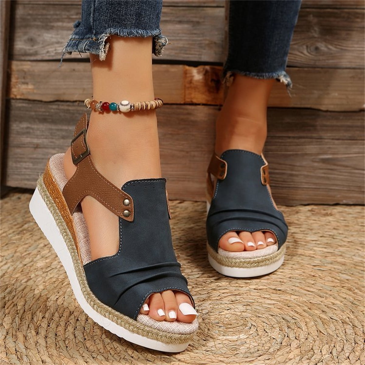 T-Space Women's Stylish Espadrilles Wedge Sandal Open Toe Ankle Buckle Strap Shoes,Comfy Wedge Shoes Brown