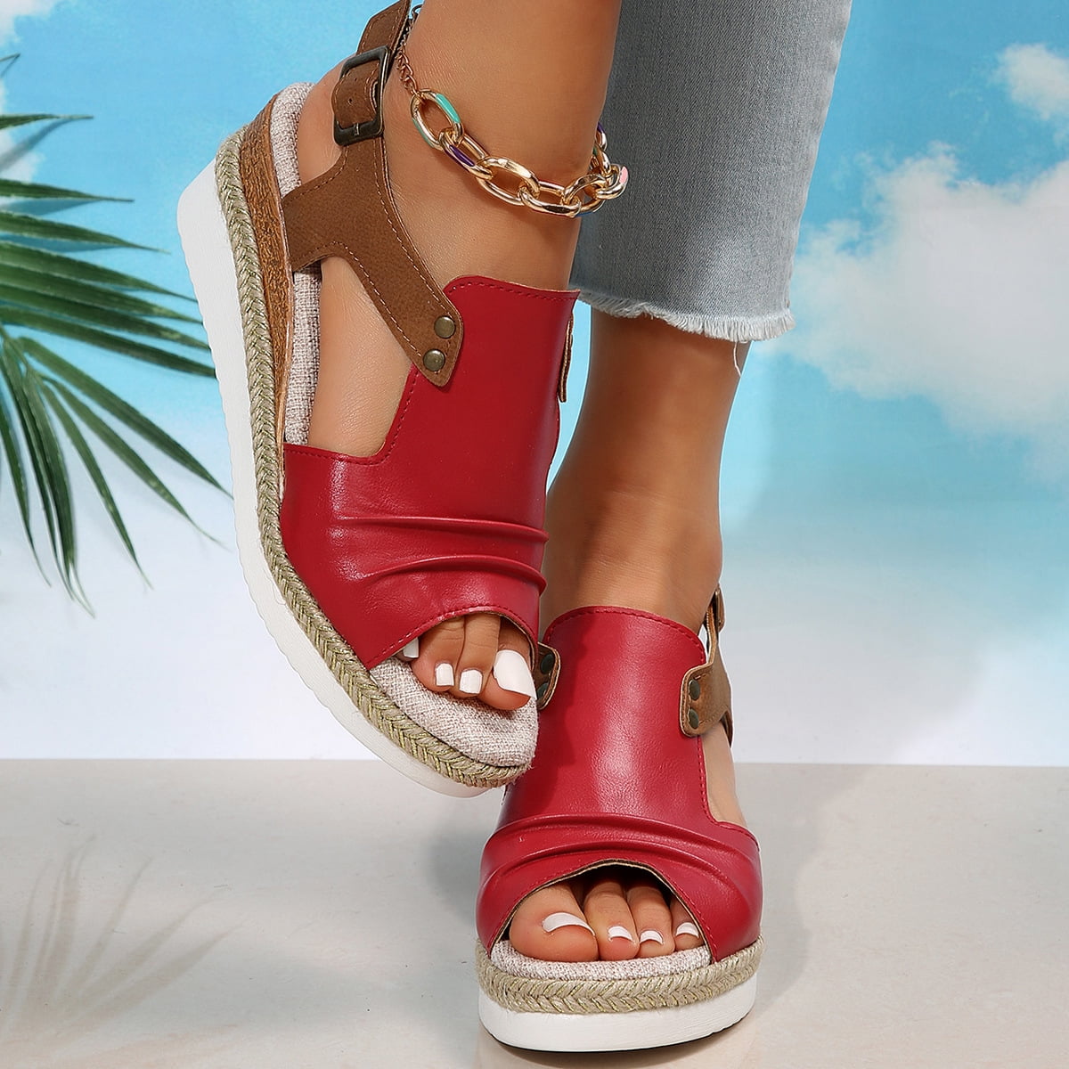 T-Space Women's Stylish Espadrilles Wedge Sandal Open Toe Ankle Buckle Strap Shoes,Comfy Wedge Shoes Brown