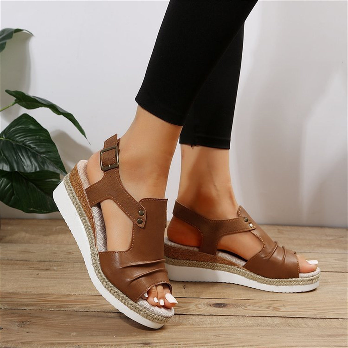 T-Space Women's Stylish Espadrilles Wedge Sandal Open Toe Ankle Buckle Strap Shoes,Comfy Wedge Shoes Brown