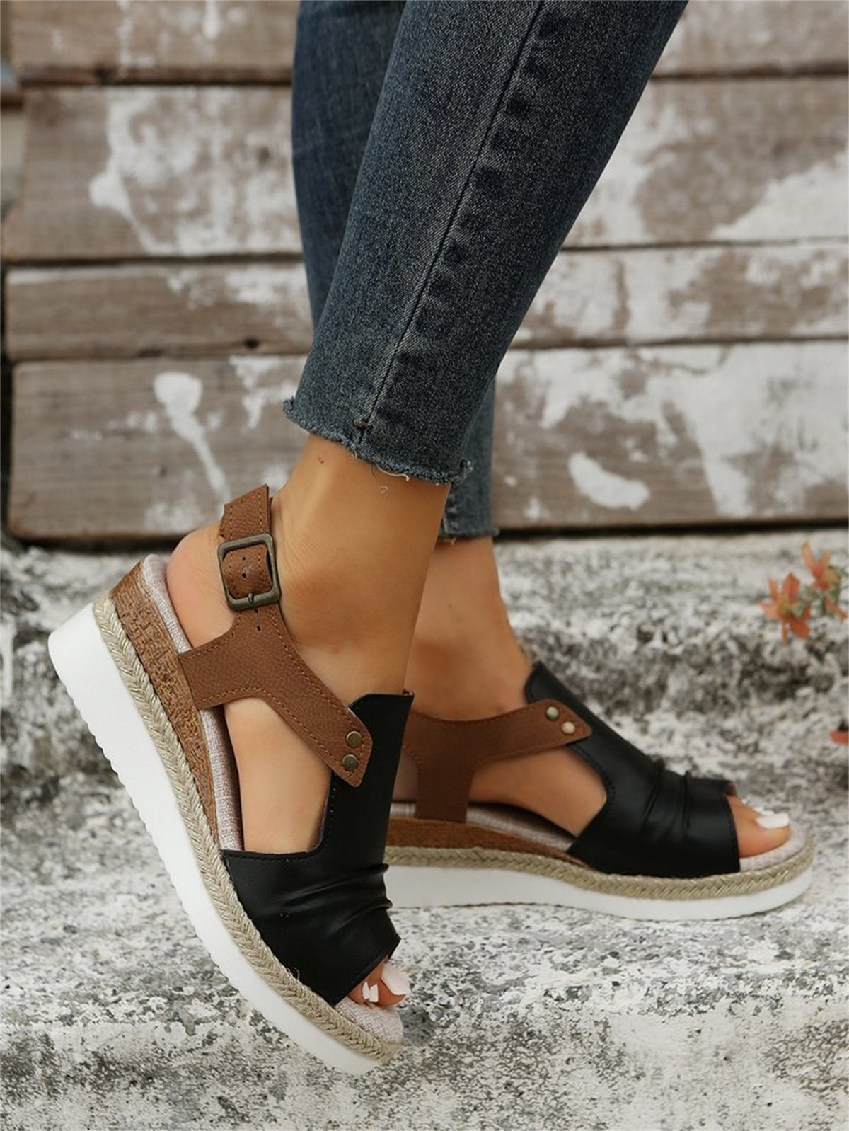 T-Space Women's Stylish Espadrilles Wedge Sandal Open Toe Ankle Buckle Strap Shoes,Comfy Wedge Shoes Brown