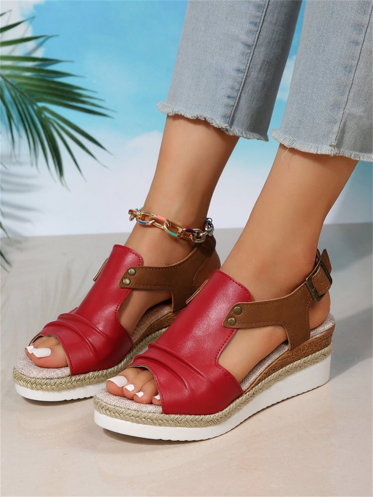 T-Space Women's Stylish Espadrilles Wedge Sandal Open Toe Ankle Buckle Strap Shoes,Comfy Wedge Shoes Brown