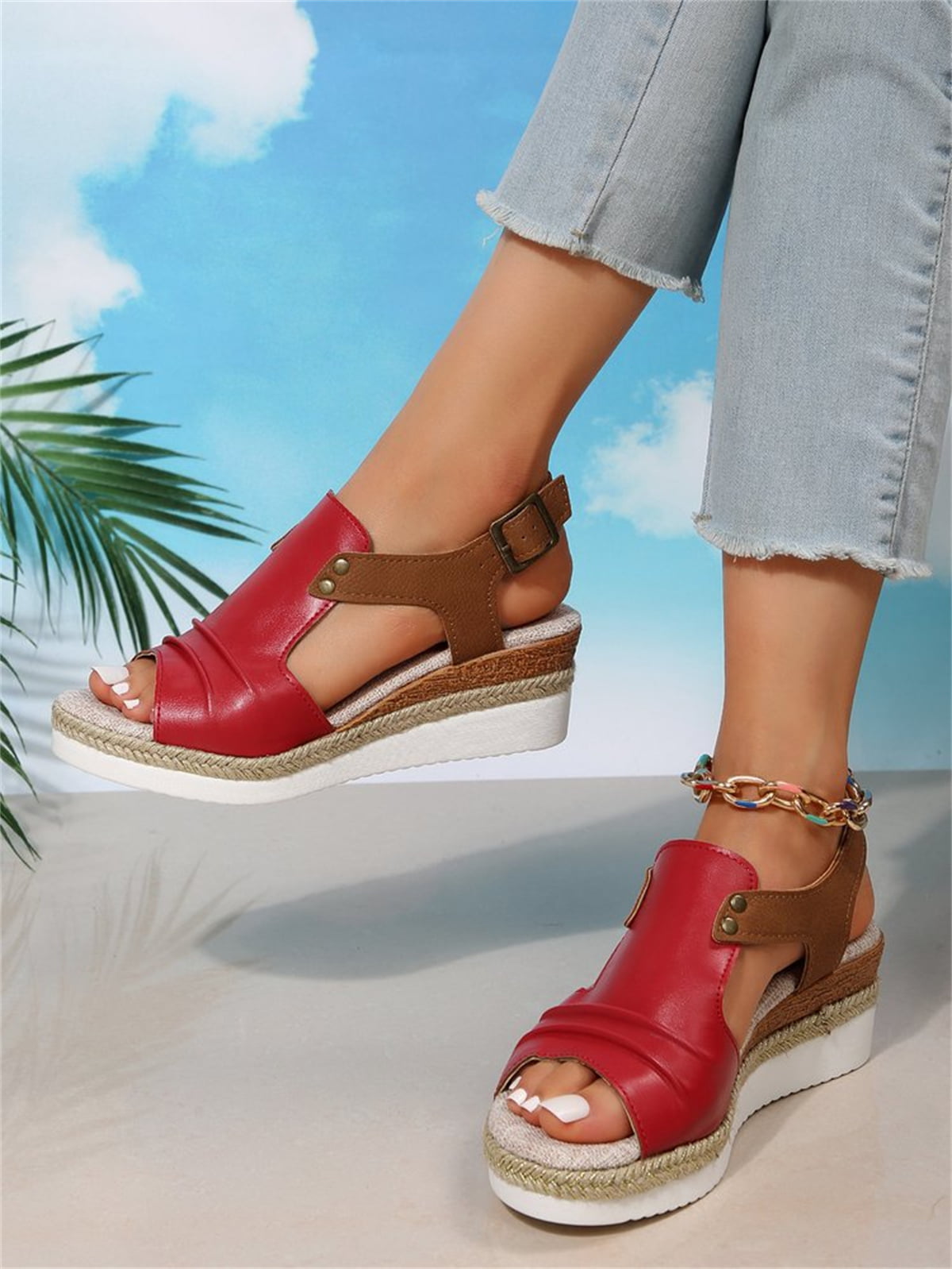 T-Space Women's Stylish Espadrilles Wedge Sandal Open Toe Ankle Buckle Strap Shoes,Comfy Wedge Shoes Brown