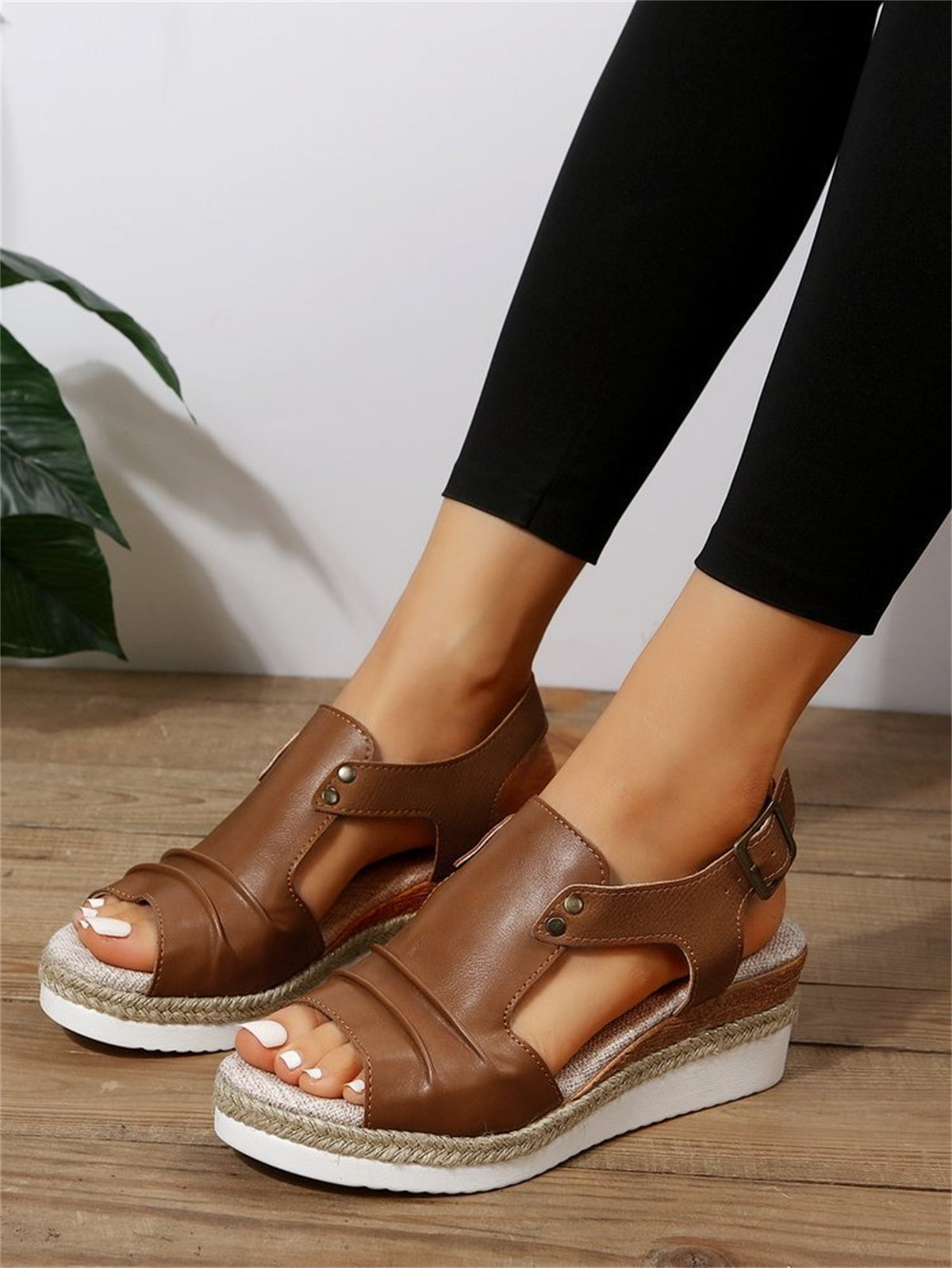 T-Space Women's Stylish Espadrilles Wedge Sandal Open Toe Ankle Buckle Strap Shoes,Comfy Wedge Shoes Brown