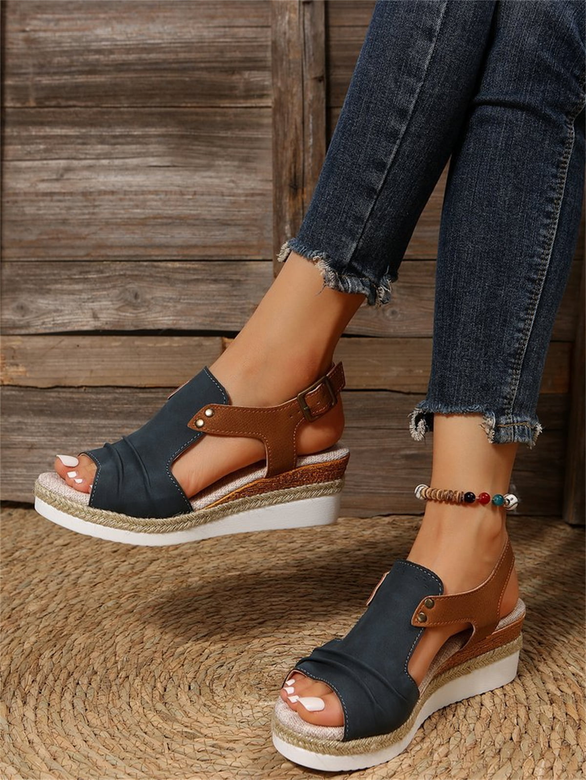T-Space Women's Stylish Espadrilles Wedge Sandal Open Toe Ankle Buckle Strap Shoes,Comfy Wedge Shoes Brown