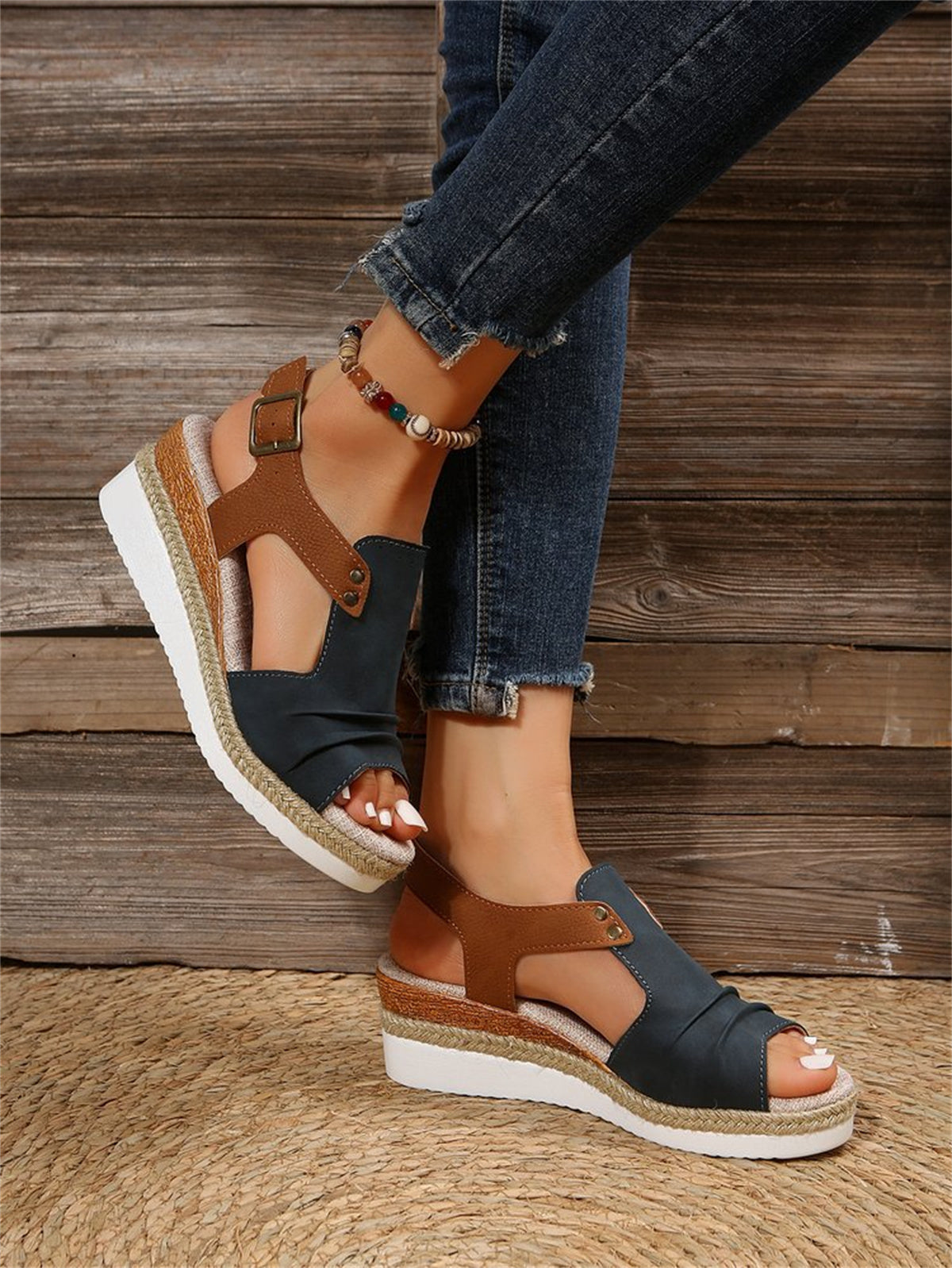 T-Space Women's Stylish Espadrilles Wedge Sandal Open Toe Ankle Buckle Strap Shoes,Comfy Wedge Shoes Brown