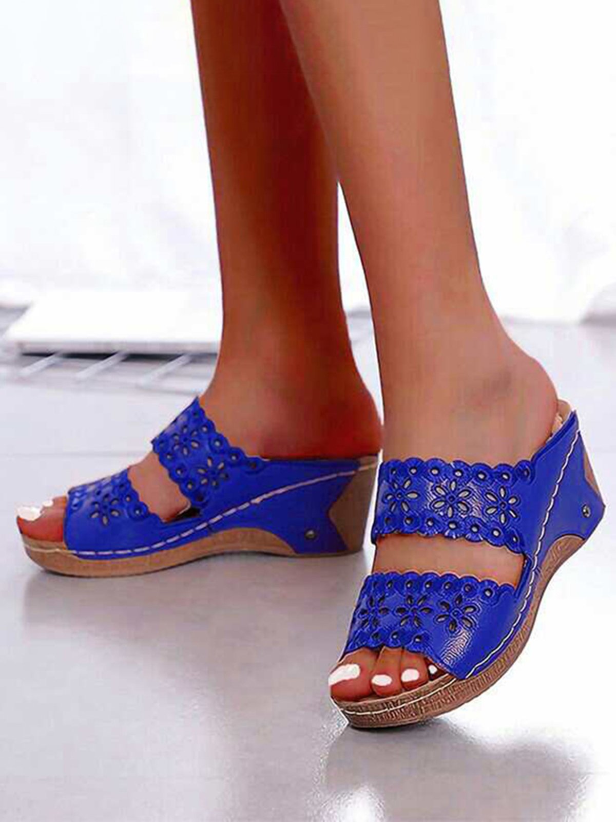 Embroidered Cutout Platform Wedge Slipper Sandals