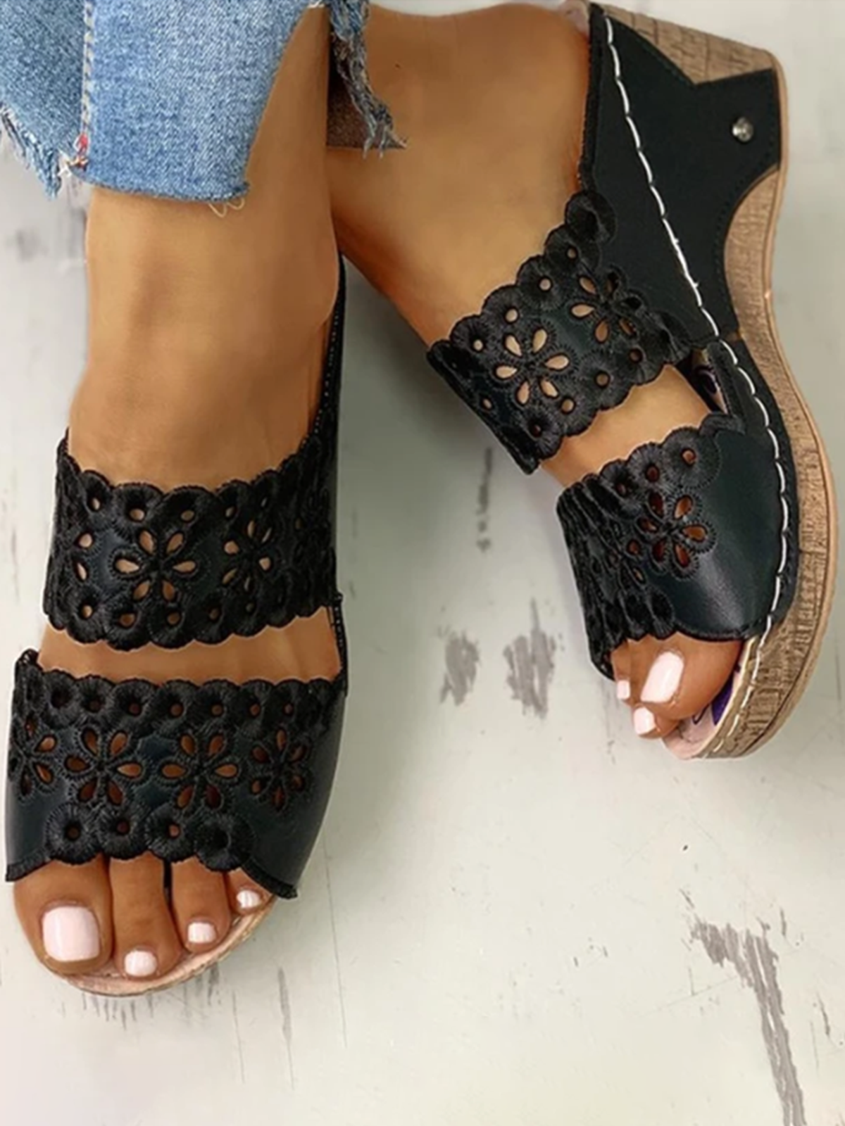 Embroidered Cutout Platform Wedge Slipper Sandals