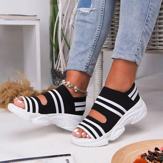 Fashionkova  New Women Sandals 2022 High Heels Platform Women Shoes Summer Female Flats Knitting Slip On Peep Toe Casual Women Sandals