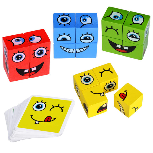 Wooden Expressions Matching Block Puzzle Educational Games Montessori  Toy for Kids Preschool Ages 3 Years and Up,Face-Changing Cube Building Blocks