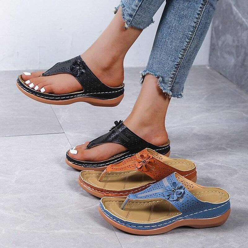 Women's Sandals Comfort Shoes Plus Size Daily Summer Wedge Heel Round Toe Open Toe Casual PU Leather Loafer Solid Colored Light Brown Black Blue