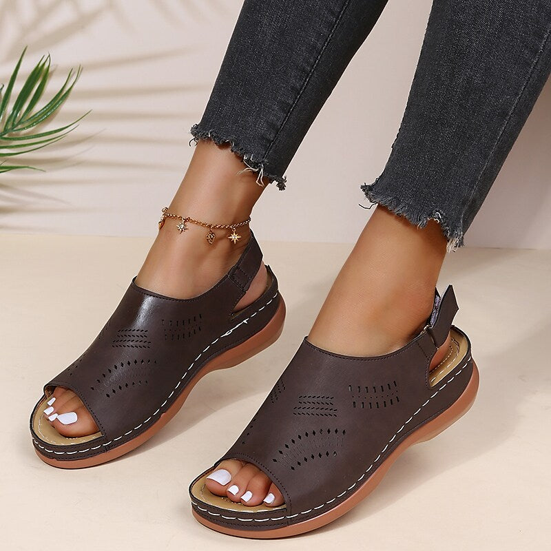 Women's Sandals Daily Summer Wedge Heel Round Toe Casual Walking Shoes PU Leather Ankle Strap Black Blue Brown