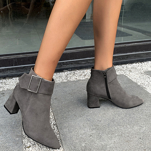 LAST DAY 50% OFF-Women's Suede Belt Buckle Zipper Thick Heel Pointed Ankle Boots