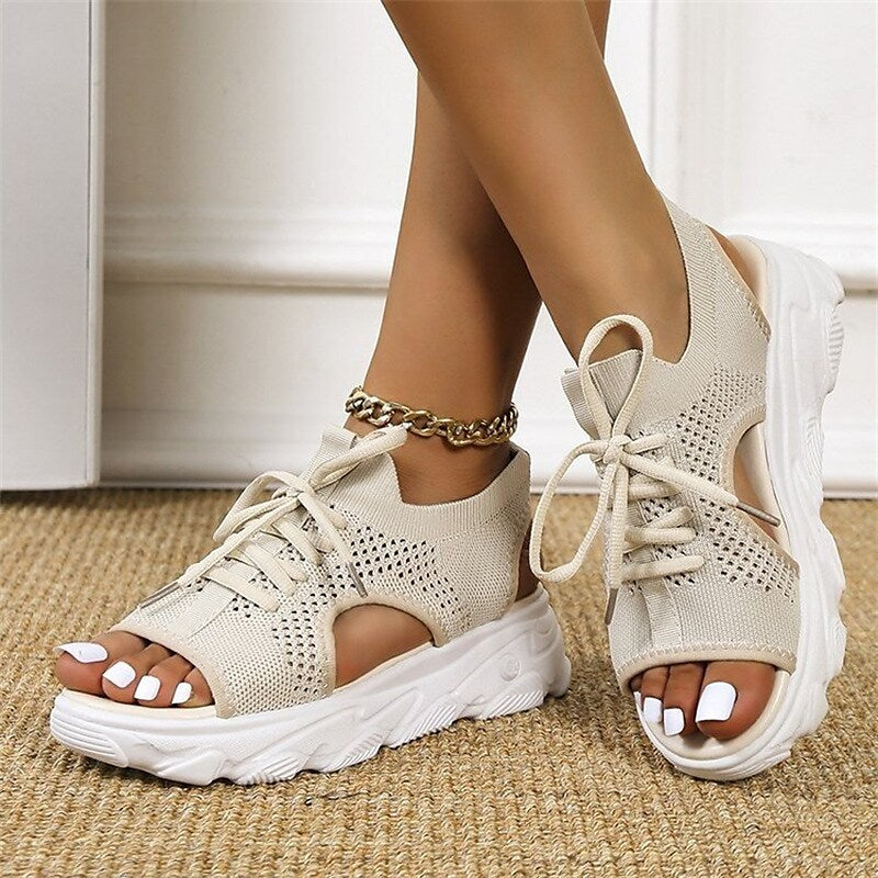 Women's Sandals Platform Sandals Daily Summer Lace-up Platform Open Toe Sporty Casual Mesh Loafer Solid Colored Black Beige