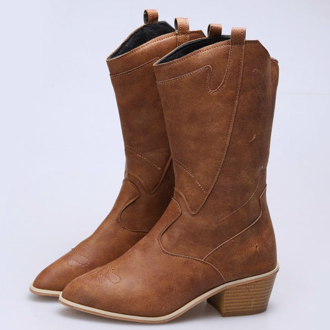 Women's Casual Solid Color Round Toe Mid Heel Mid-barrel Boots