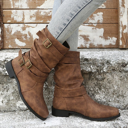 Ruched Buckle Casual Leather Booties