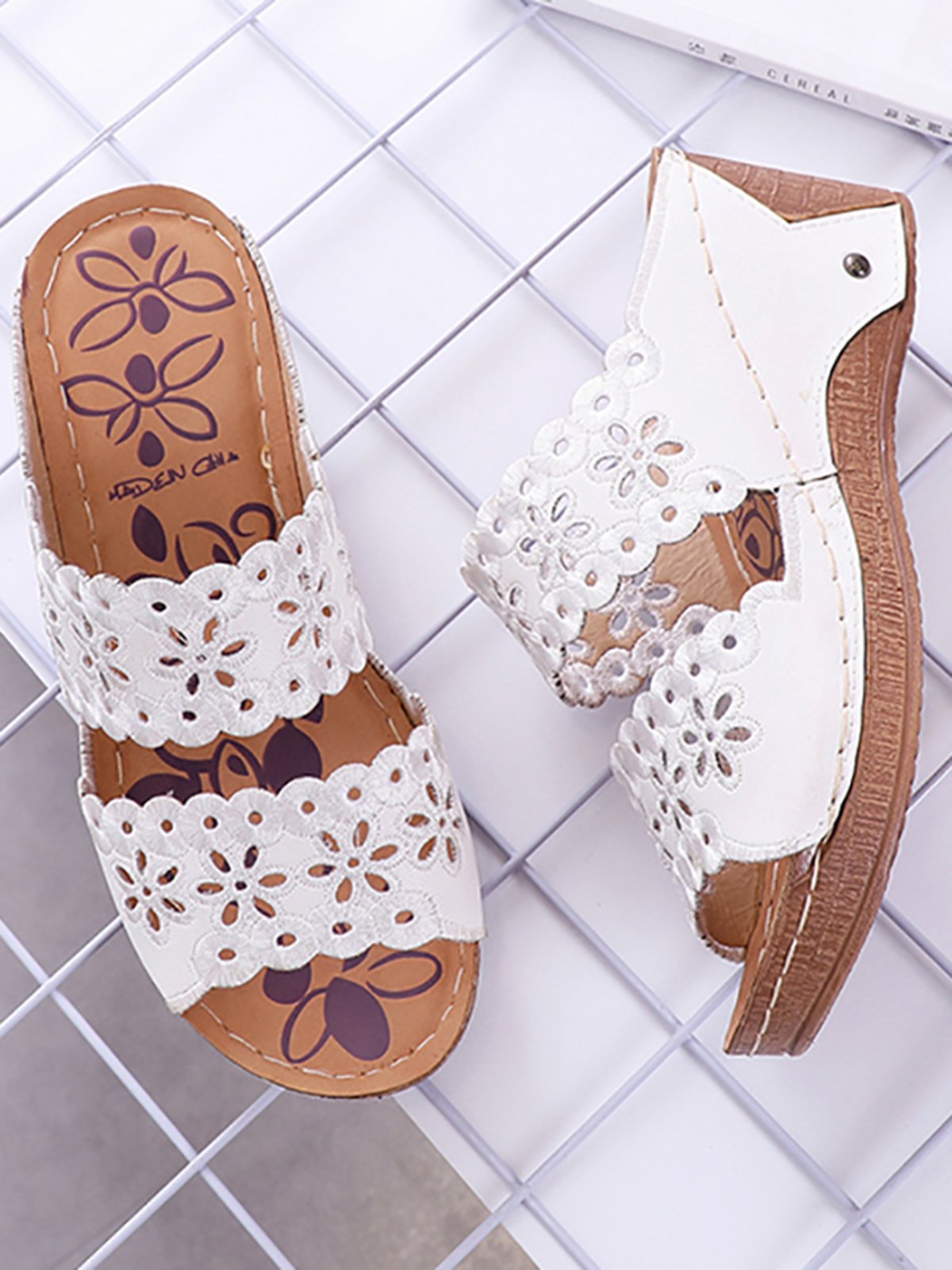 Embroidered Cutout Platform Wedge Slipper Sandals