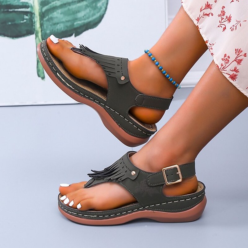 Women's Sandals Plus Size Daily Summer Flat Heel Open Toe Casual PU Leather Buckle Solid Colored Black Yellow Red