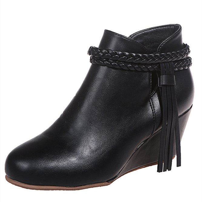 Womens's Plus Size Braided Strap Fringed Wedge Heel Booties