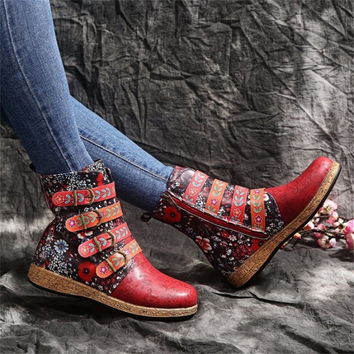 Women's Retro Floral Biker Flat Ankle Boots Faux Leather Zip Buckle Combat Shoes