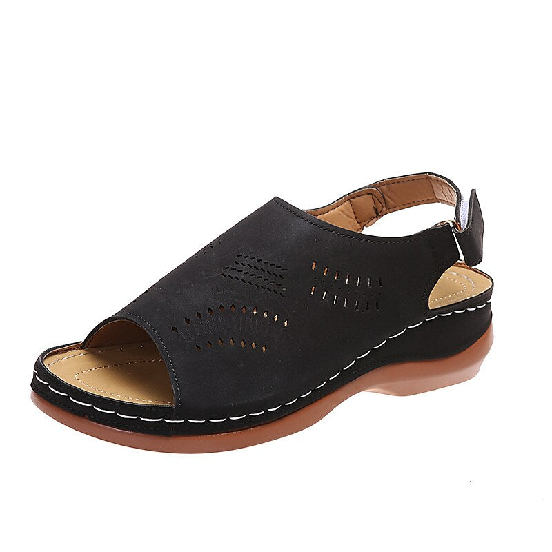 Women's Sandals Daily Summer Wedge Heel Round Toe Casual Walking Shoes PU Leather Ankle Strap Black Blue Brown