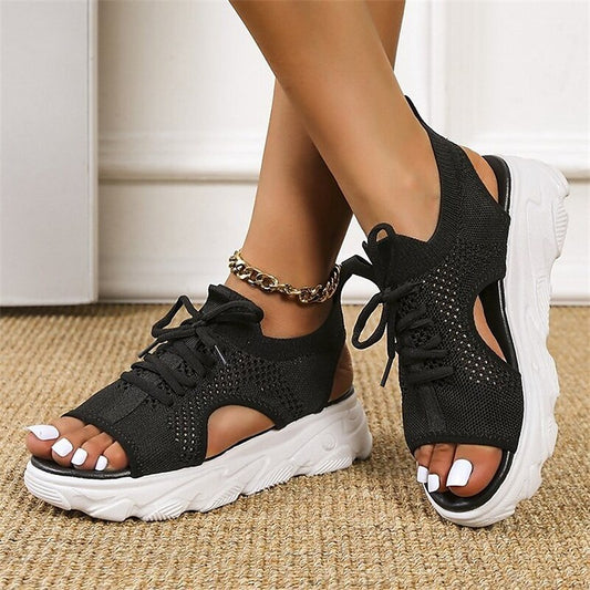 Women's Sandals Platform Sandals Daily Summer Lace-up Platform Open Toe Sporty Casual Mesh Loafer Solid Colored Black Beige