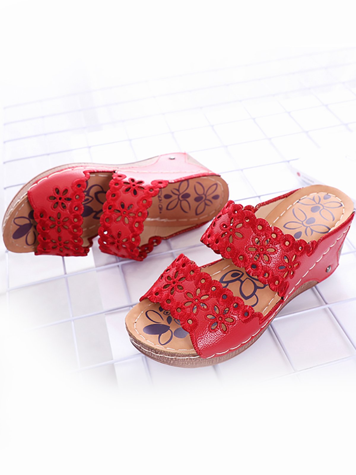 Embroidered Cutout Platform Wedge Slipper Sandals