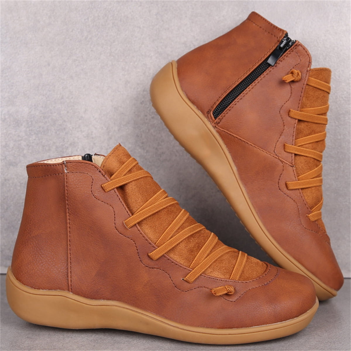 T-Space Women's Casual Flat Retro Lace-up Boots Side Zipper Round Toe Shoe Boots