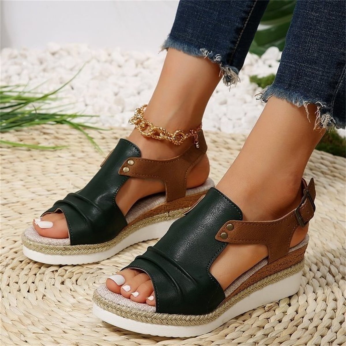 T-Space Women's Stylish Espadrilles Wedge Sandal  Open Toe Ankle Buckle Strap Shoes,Comfy Wedge Shoes Brown