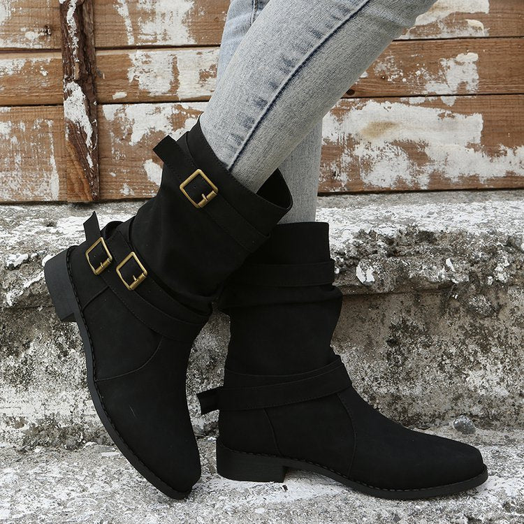 Ruched Buckle Casual Leather Booties