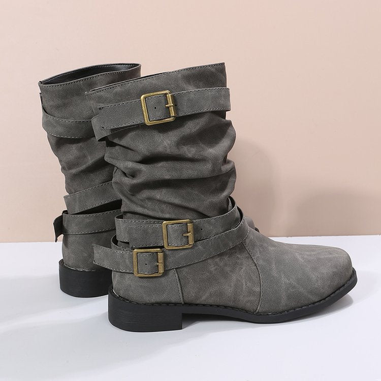 Ruched Buckle Casual Leather Booties