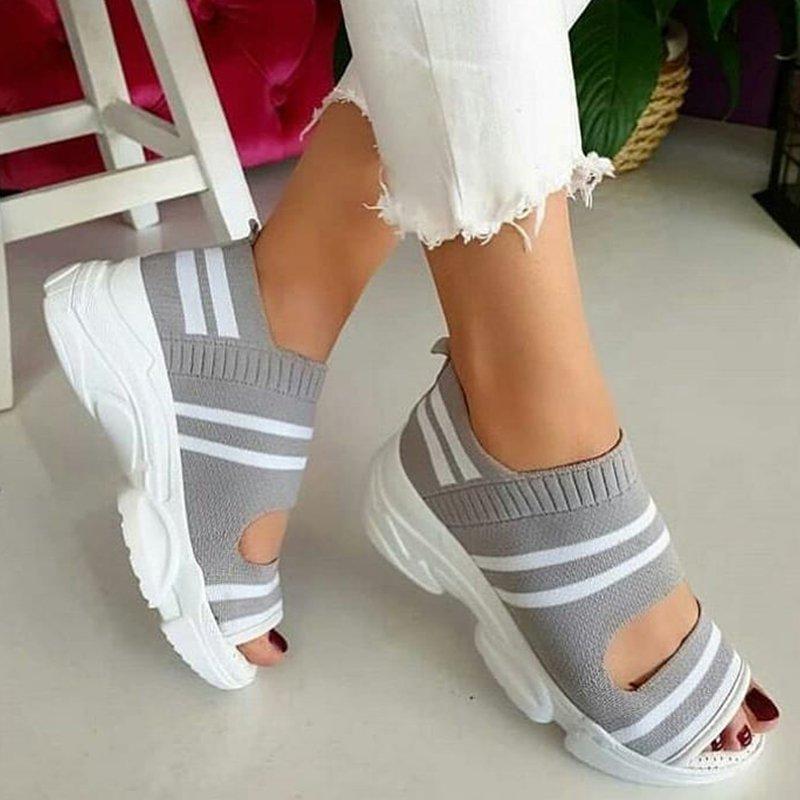 Fashionkova  New Women Sandals 2022 High Heels Platform Women Shoes Summer Female Flats Knitting Slip On Peep Toe Casual Women Sandals