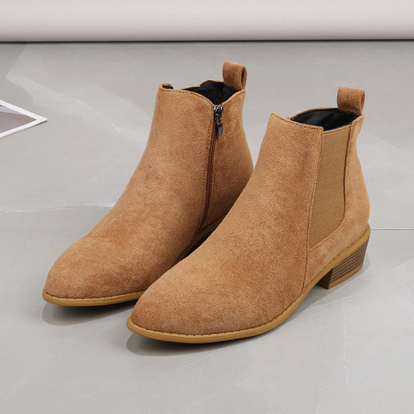 Womens Suede Zipper Side Pointed Thick Heel Boots