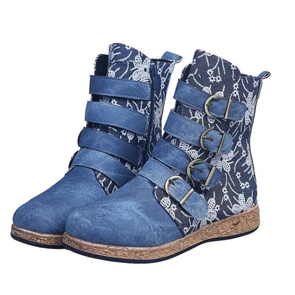 Women's Retro Floral Biker Flat Ankle Boots Faux Leather Zip Buckle Combat Shoes