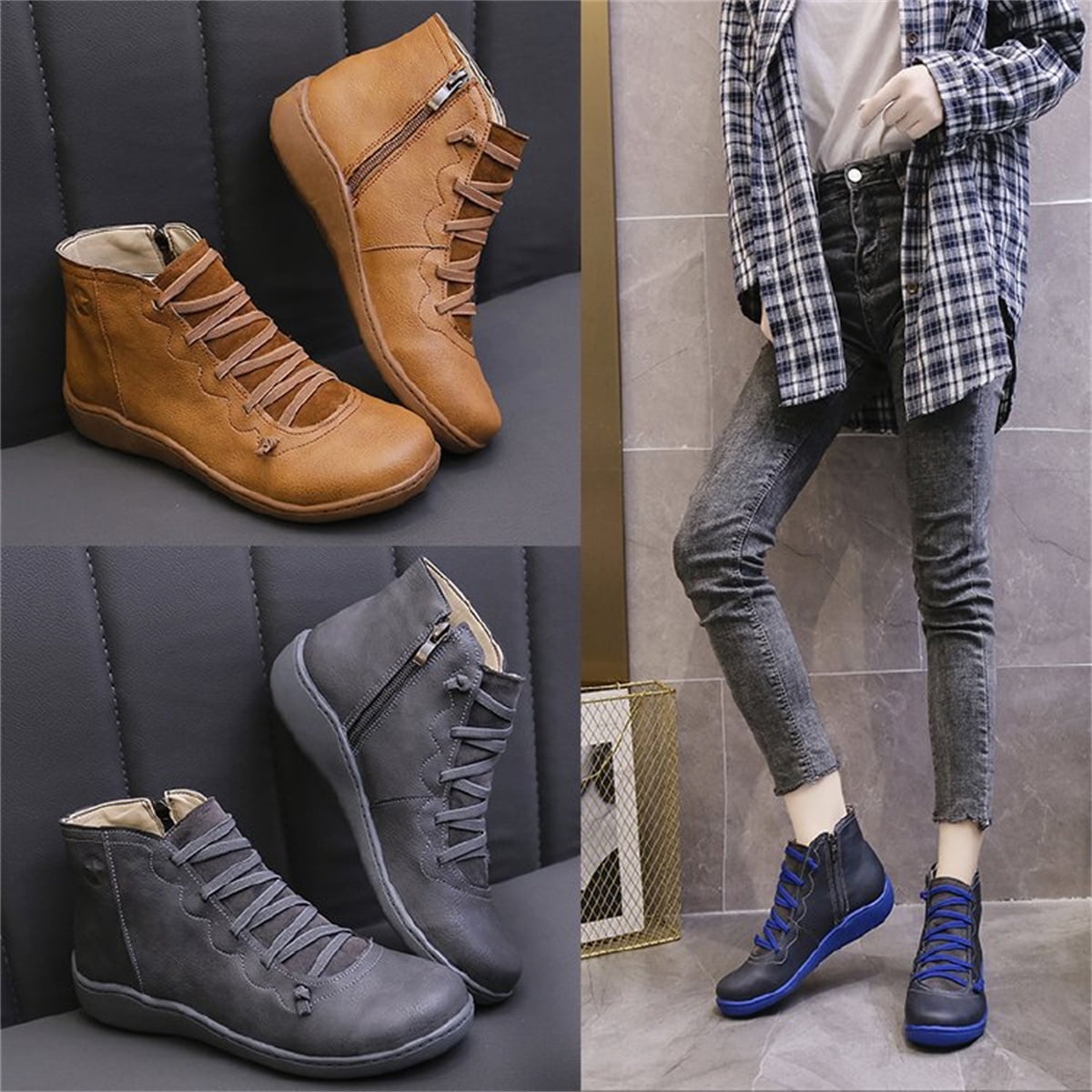 T-Space Women's Casual Flat Retro Lace-up Boots Side Zipper Round Toe Shoe Boots