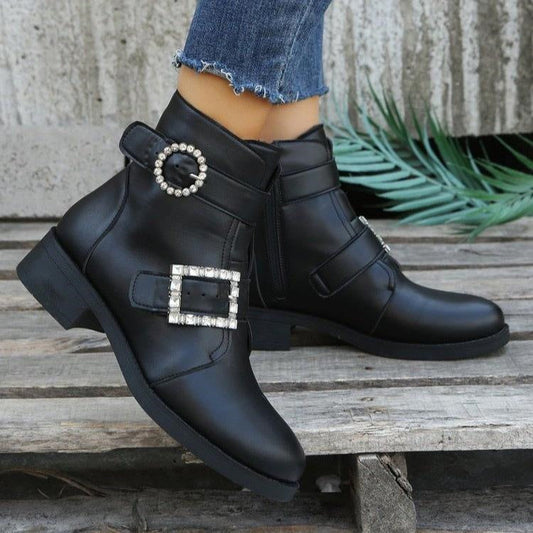 Women's Solid Color Belt Buckle Thick Heel Mid Heel Short Martin Boots