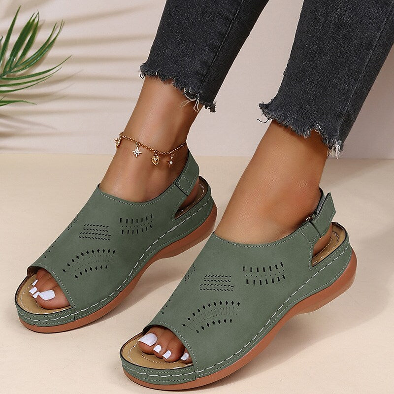 Women's Sandals Daily Summer Wedge Heel Round Toe Casual Walking Shoes PU Leather Ankle Strap Black Blue Brown