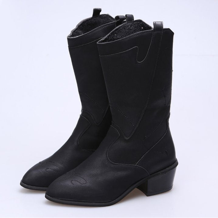 Women's Casual Solid Color Round Toe Mid Heel Mid-barrel Boots