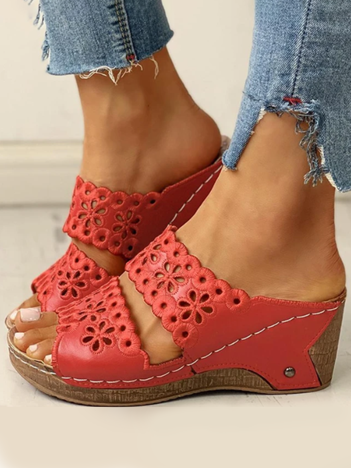 Embroidered Cutout Platform Wedge Slipper Sandals