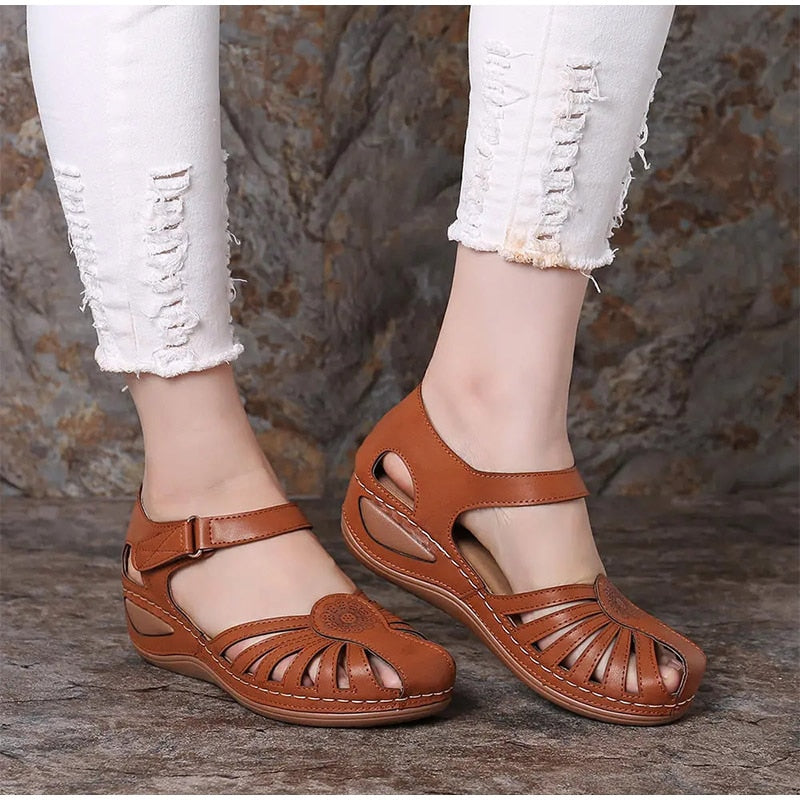 Women Sandals Retro Wedges Mixed Color Hook&Loop Slip On Sandals Female Outdoor Summer Casual Shoes Ladies Plus Size